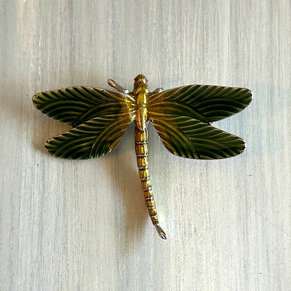 Vintage Erwin Pearl Green and Gold Dragonfly Brooch - Picture 2 of 6